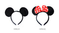 black fabric headband; round mouse ears; red bow with white polka dots; soft plush material;