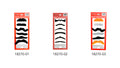 Set of six moustaches on red packaging; Moustaches are thick and fuzzy; Includes orange, black, and grey coloured moustaches; Packaged on white card with red border; Adhesive backing visible on some moustaches;
