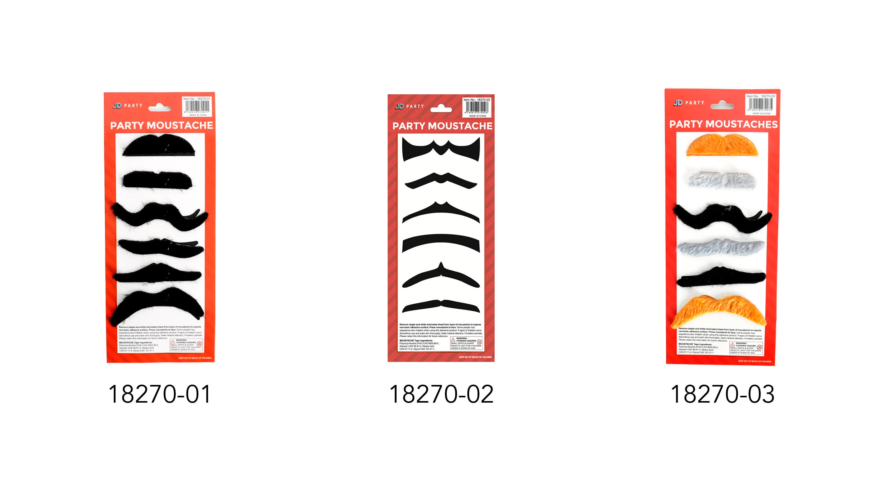Set of six moustaches on red packaging; Moustaches are thick and fuzzy; Includes orange, black, and grey coloured moustaches; Packaged on white card with red border; Adhesive backing visible on some moustaches;