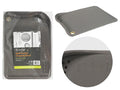 dark grey colour; rectangular shape with curved edges; holes for straining and hanging; measurement markings on surface;