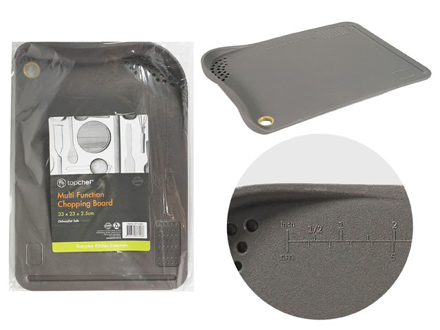 dark grey colour; rectangular shape with curved edges; holes for straining and hanging; measurement markings on surface;