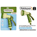 green and beige colour; spray gun shape with handle and trigger; rotatable spray head with labelled settings; packaged on branded backing card;