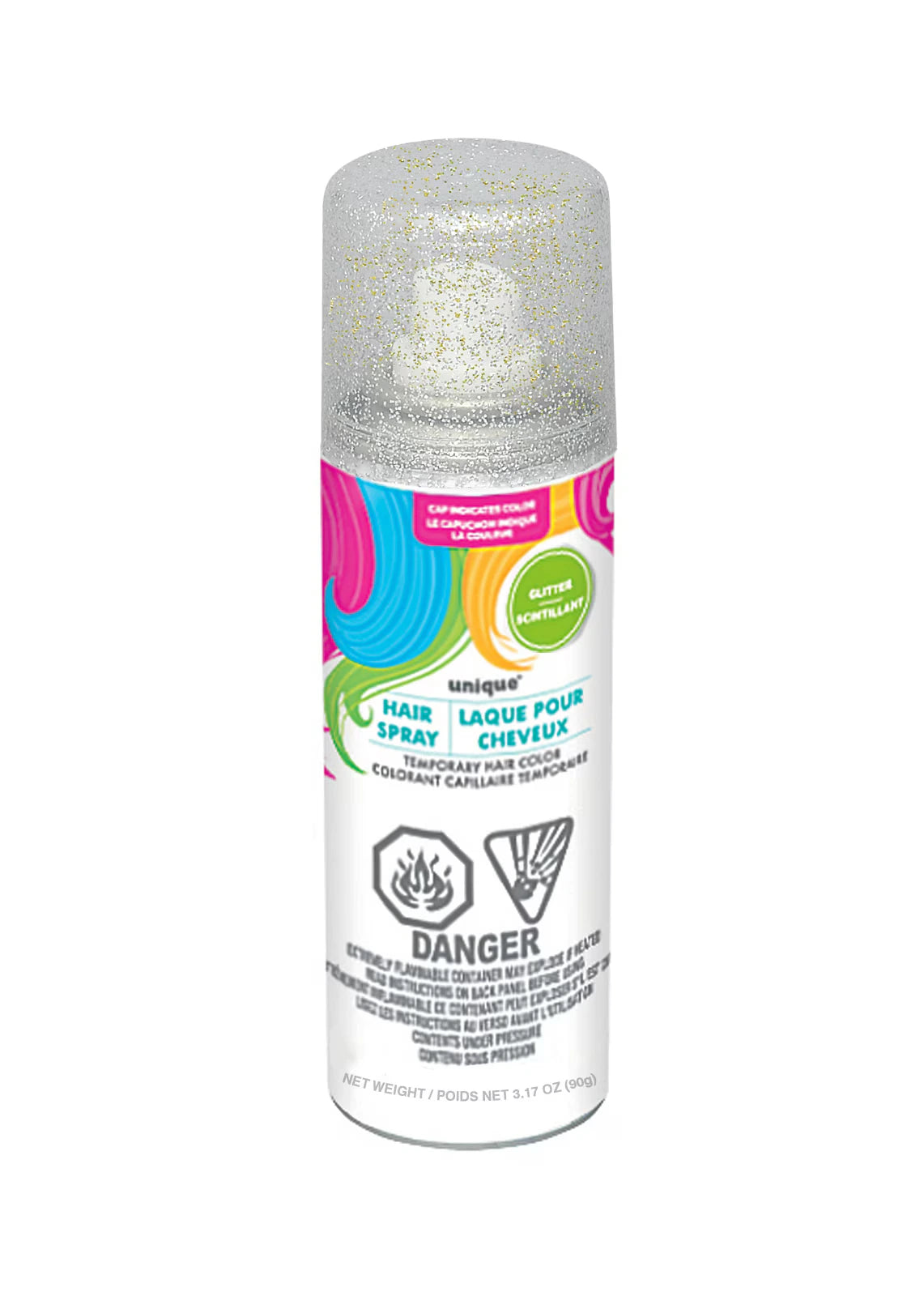white spray can; colourful label with blue, pink and yellow swirls; clear cap with gold glitter; warning symbols on label;