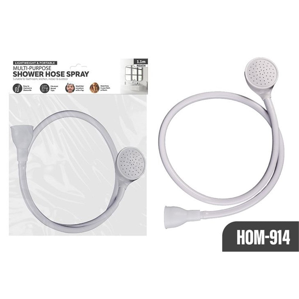 white flexible hose; round shower head with small holes; funnel-shaped connector for tap; removable brush on shower head;