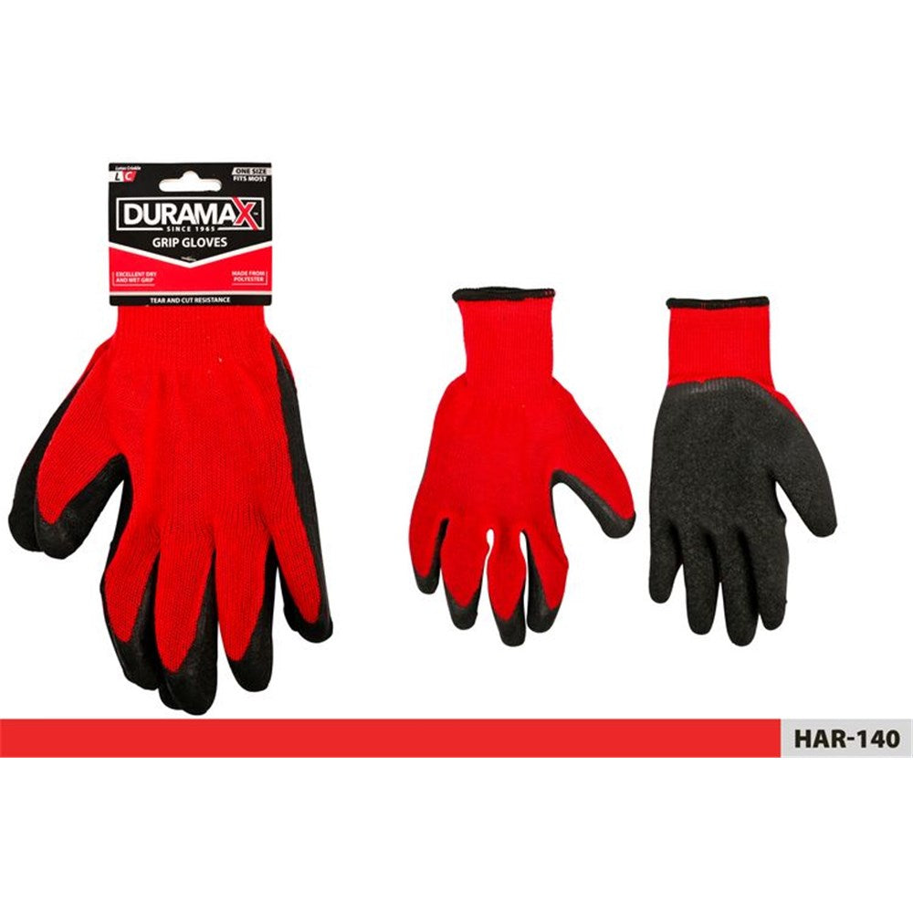 Red and black colour; Latex coated palm and fingers; Knitted fabric back; One size fits most; Pair of gloves on display with retail packaging;