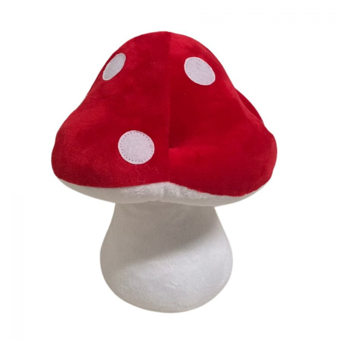 Plush mushroom-shaped door stop; Red cap with white circular spots; White stem and underside; Soft fabric texture;