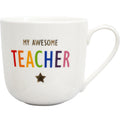 white bone china mug; colourful text spelling 'TEACHER'; gold star decoration; curved handle; boxed packaging with gold foil accents;