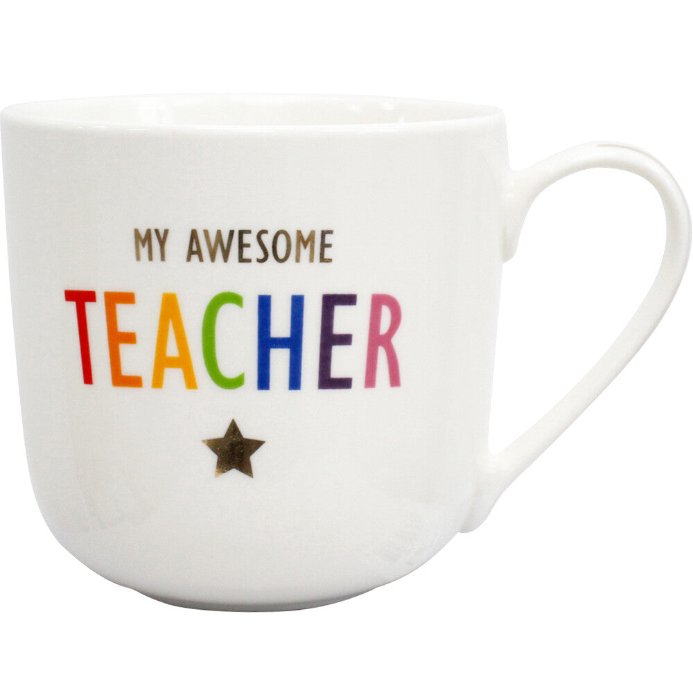 white bone china mug; colourful text spelling 'TEACHER'; gold star decoration; curved handle; boxed packaging with gold foil accents;
