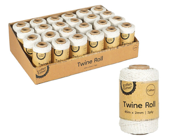 natural off-white colour twine; compact cylindrical roll shape; label with 'Twine Roll' text; kraft paper label with black text; 2 ply twisted cotton strand;