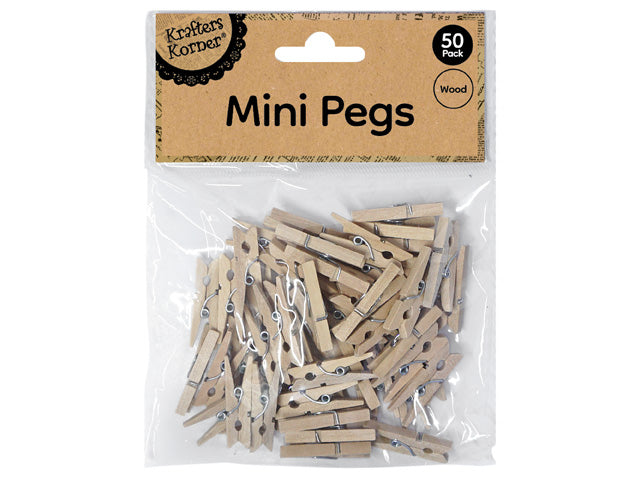 natural wood colour; mini size; metal spring; pack of 50; clear plastic bag packaging with cardboard header;