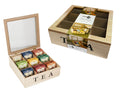 Natural light wood colour; Square shape; Nine internal compartments; Transparent lid; Black 'TEA' lettering on front;