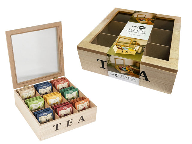 Natural light wood colour; Square shape; Nine internal compartments; Transparent lid; Black 'TEA' lettering on front;