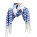 Blue and white horizontal stripes; Plush polyester material; Tassels on scarf ends; Long rectangular shape;