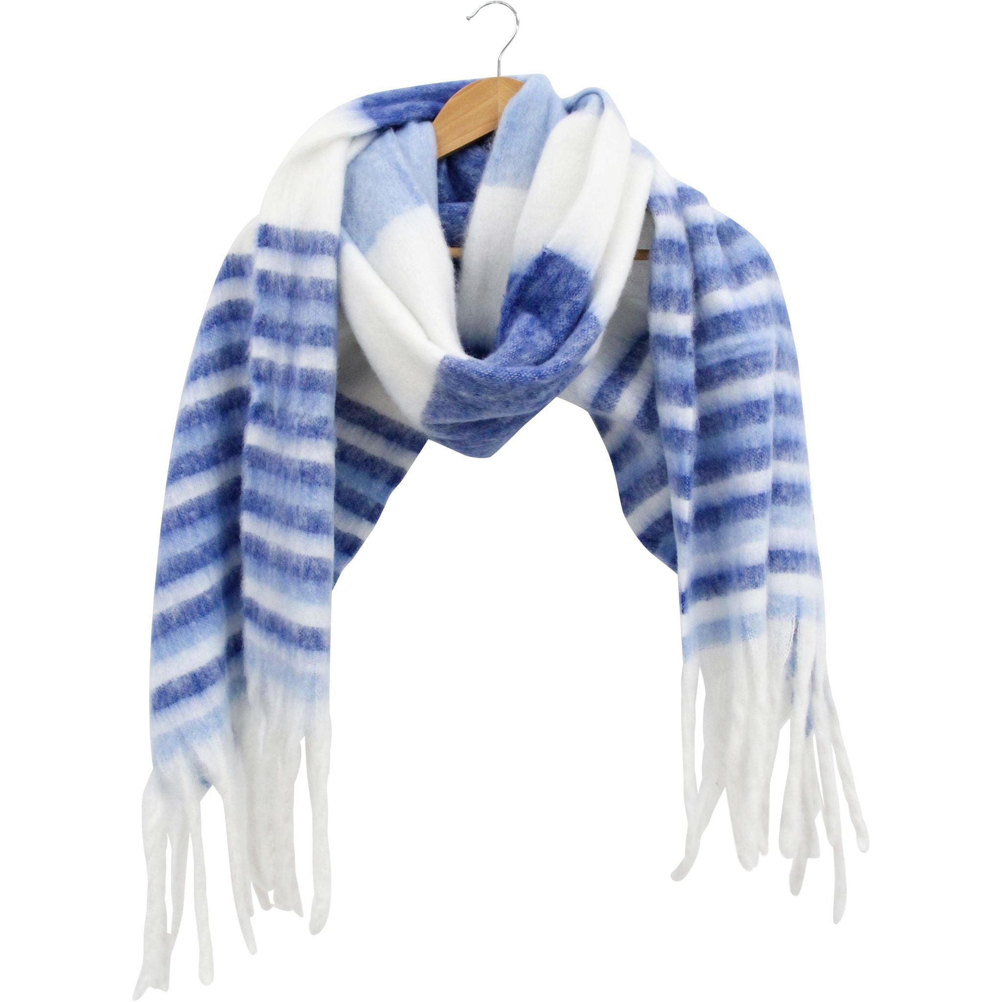 Blue and white horizontal stripes; Plush polyester material; Tassels on scarf ends; Long rectangular shape;