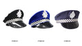 Navy blue fabric hat; Silver police badge on front; Black glossy visor/brim; Black and white checkered band;