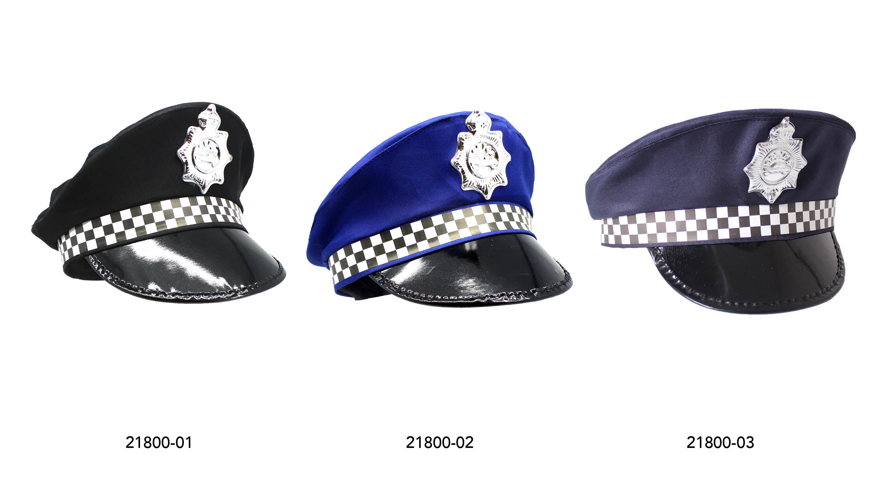 Navy blue fabric hat; Silver police badge on front; Black glossy visor/brim; Black and white checkered band;