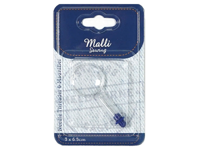 clear magnifying glass lens; purple plastic threader tip; compact handheld design; packaged on blue and white card;