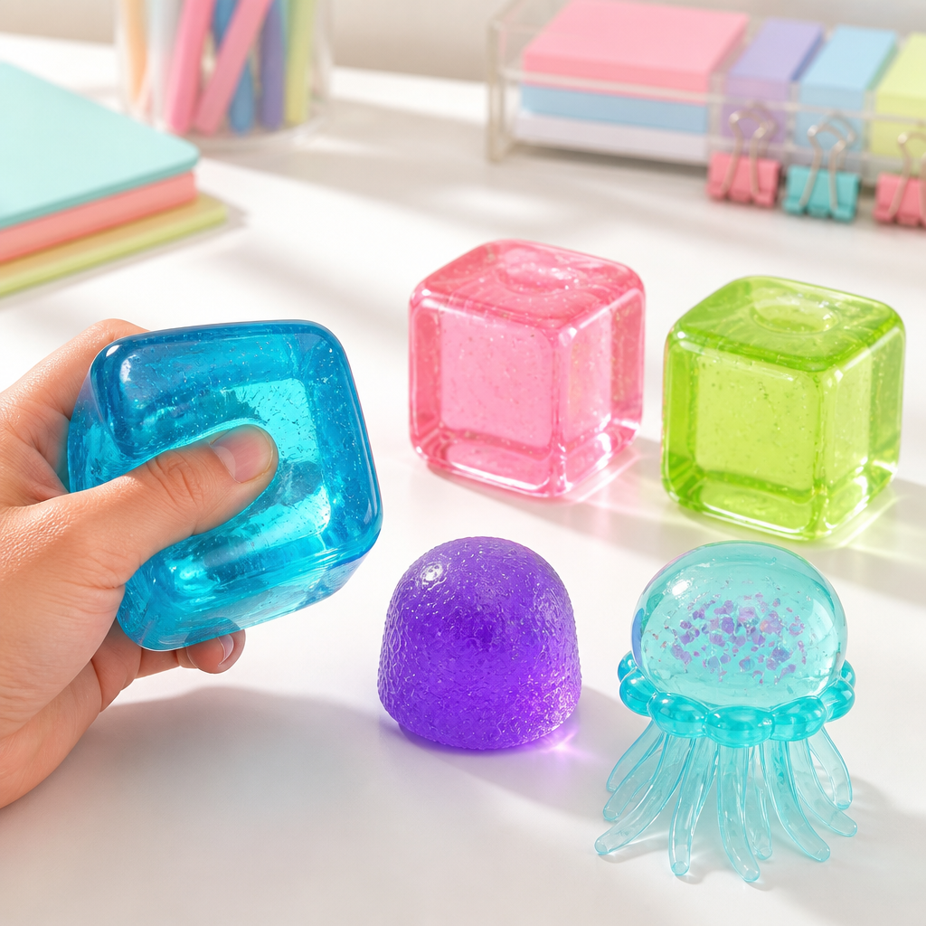 Five translucent super-solid squish toys in assorted bright colours; Random assortment may include rounded cubes, gumdrop shapes, and jellyfish shapes; Clear gel-like finish with soft rounded edges;