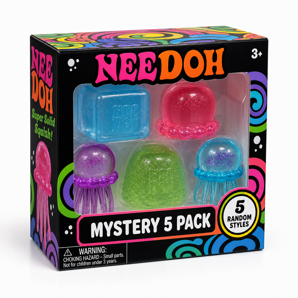 Five translucent super-solid squish toys in assorted bright colours; Random assortment may include rounded cubes, gumdrop shapes, and jellyfish shapes; Clear gel-like finish with soft rounded edges;