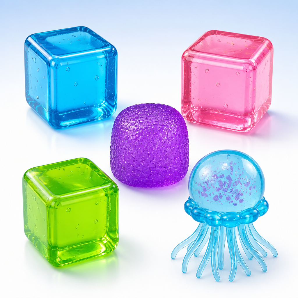 Five translucent super-solid squish toys in assorted bright colours; Random assortment may include rounded cubes, gumdrop shapes, and jellyfish shapes; Clear gel-like finish with soft rounded edges;