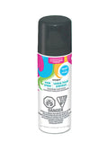 white spray can with black cap; colourful design with blue, pink, green swirls; label shows 'Hair Spray' and 'Neon Fluo'; danger symbols indicating flammable spray; can size approx 90g;