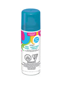 blue plastic cap; white spray can; bright neon blue label accents; multicolour swirl design on label;