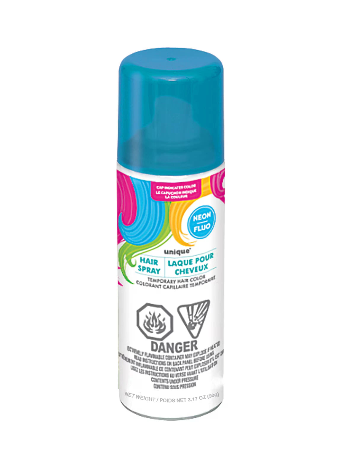 blue plastic cap; white spray can; bright neon blue label accents; multicolour swirl design on label;