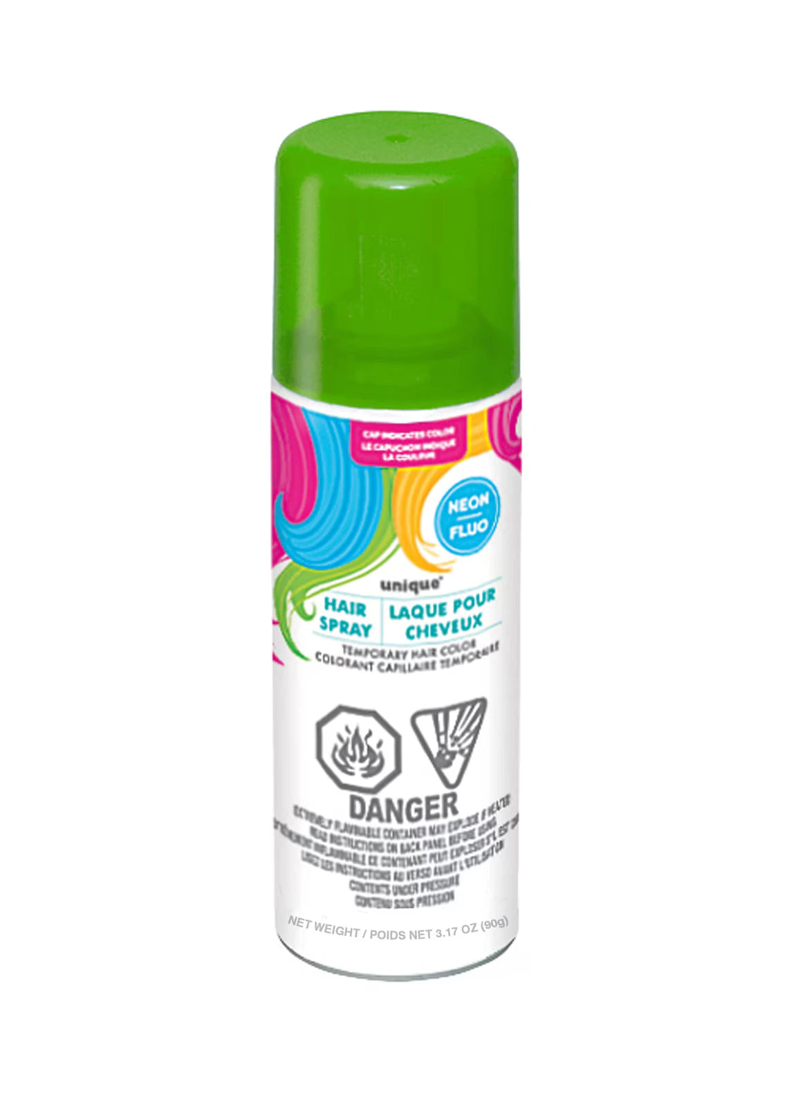 neon green plastic cap; cylindrical aerosol spray can; white label with colourful swirl graphics; warning symbols on label; product weight 90g;
