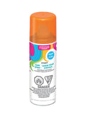 neon orange plastic spray cap; white spray can with colourful swirls design; warning symbols on can; label states 'Neon Fluo' and temporary hair colour;