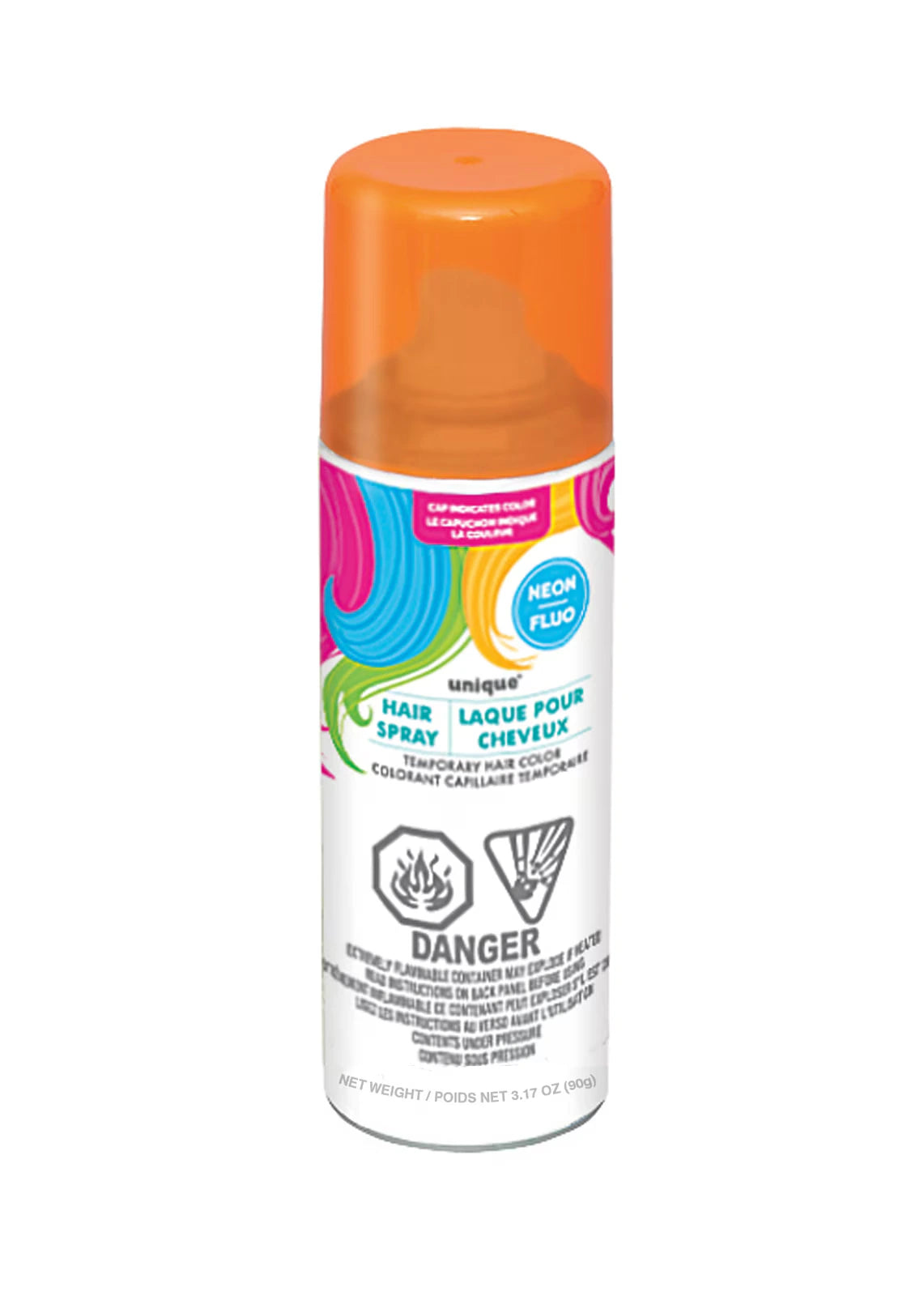 neon orange plastic spray cap; white spray can with colourful swirls design; warning symbols on can; label states 'Neon Fluo' and temporary hair colour;