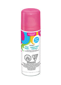 hot pink colour spray cap; cylindrical aerosol can; colourful label with blue, green, yellow swirls; warning symbols on label; 90g net weight;