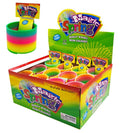 neon rainbow colours in gradient bands; coiled spring shape; plastic material; packaging display box with 24 pieces;