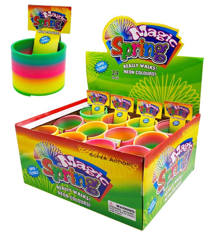 neon rainbow colours in gradient bands; coiled spring shape; plastic material; packaging display box with 24 pieces;