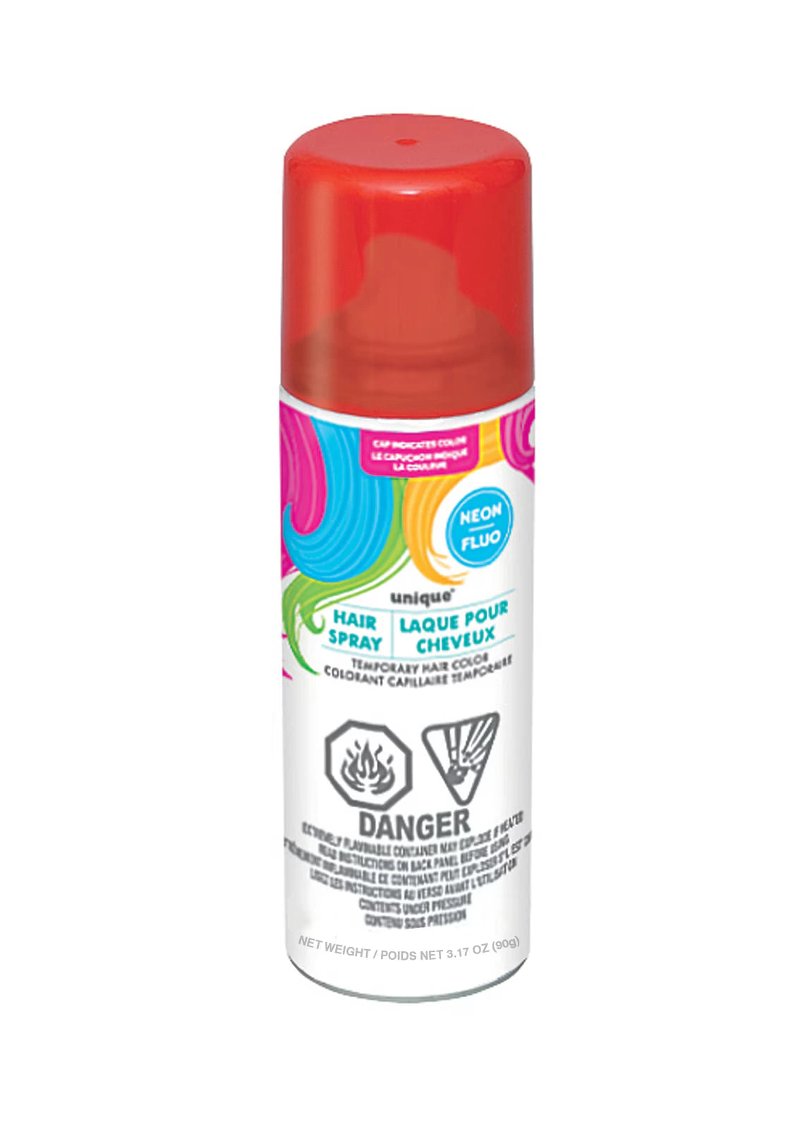 neon red coloured spray cap; white aerosol can; colourful swirl design on label; hazard warning icons; 90g net weight marking;