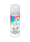 white spray can; colourful label with blue, pink, green, orange swirl design; clear plastic cap; text indicating 'NEON FLUO' and 'hair spray'; flammable hazard symbols on label;