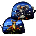 neoprene material; zip closure; blue background with night sky; biker koala print; biker kangaroo print;