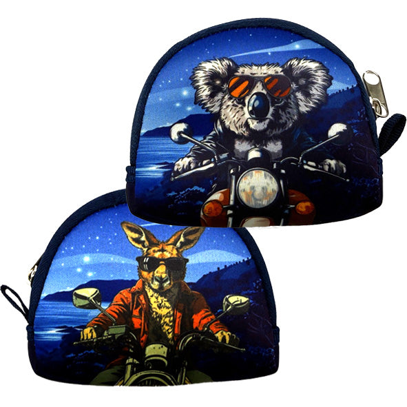 neoprene material; zip closure; blue background with night sky; biker koala print; biker kangaroo print;