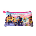 Rectangular pencil case shape; Pink zipper and pull tab; Colourful print of Melbourne landmarks; Image of koala riding a motorbike; Bright sky background with sunset colours;