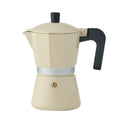 Ivory-coloured aluminium body; Black heat-resistant handle; Classic stovetop espresso maker design; Compact size; Silver band separating upper and lower sections;
