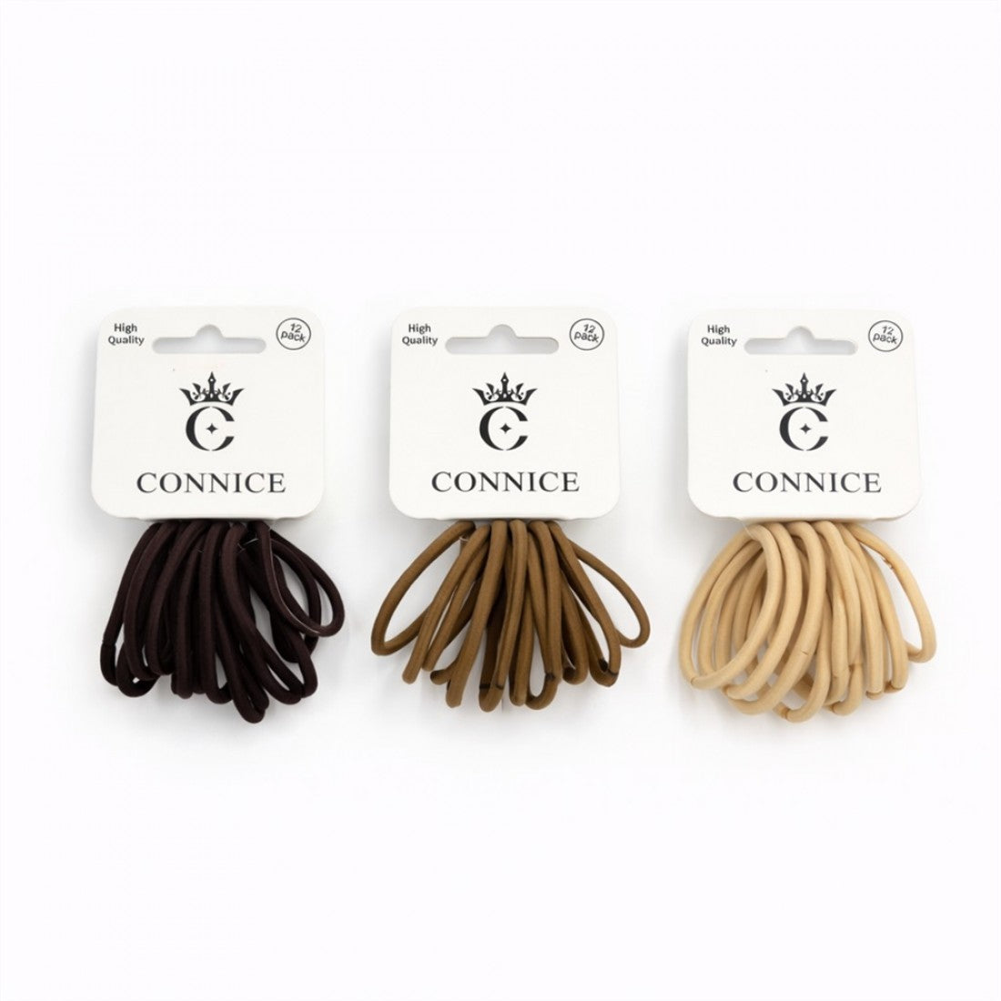 Three packs of looped elastic hair ties; Neutral colours including dark brown, tan and beige; Each pack displayed on white CONNICE branded card; Cards marked as 12 pack in the top corner;