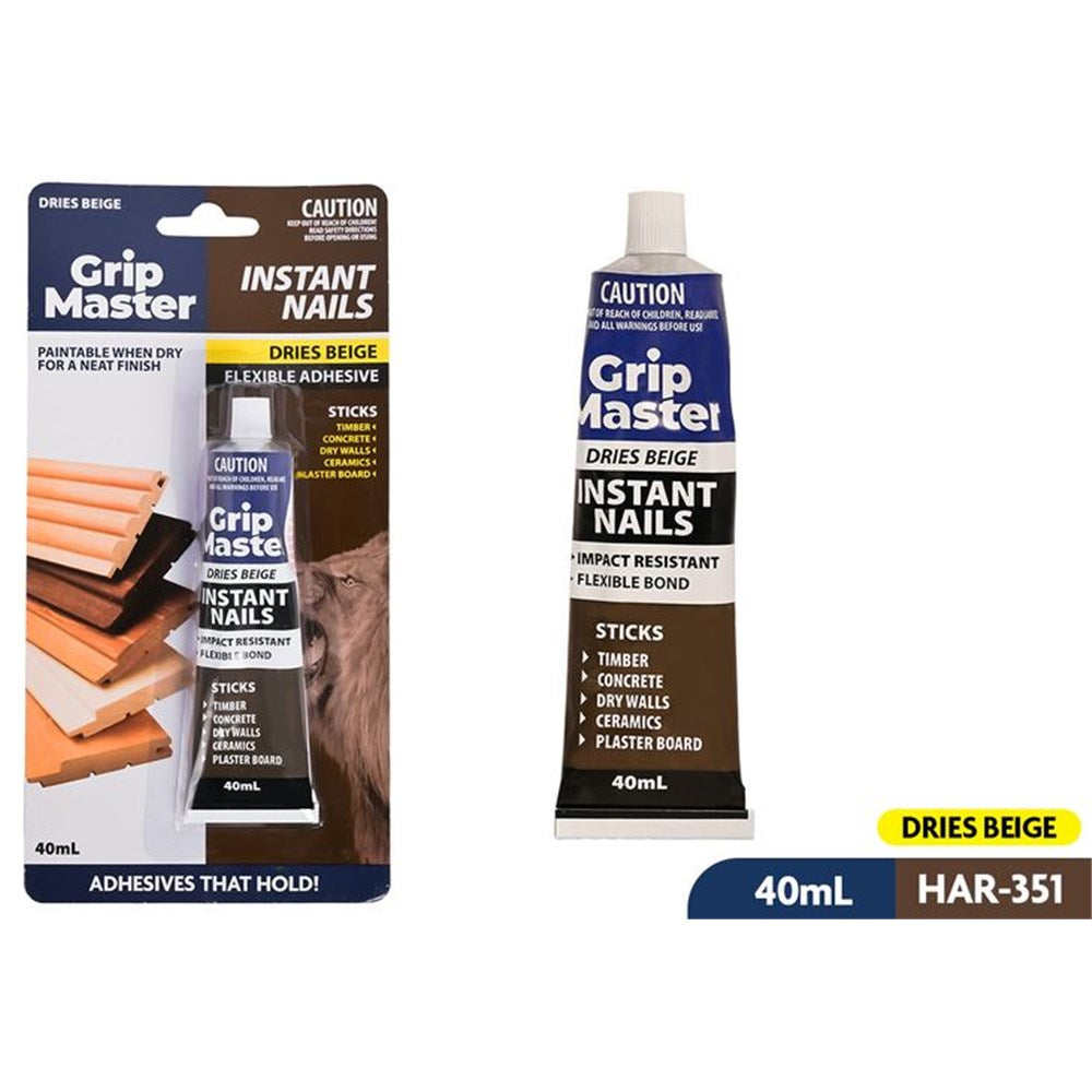 40mL tube with white cap; Dries beige colour; Grip Master branding; Packaging mentions timber, concrete, ceramics, plaster board; Tube and packaging show 'Instant Nails' and 'Flexible Adhesive';