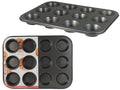 dark grey metal pan; 12 round muffin cups; non-stick coated surface; rectangular shape with curved edges;