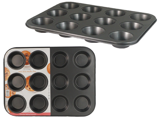 dark grey metal pan; 12 round muffin cups; non-stick coated surface; rectangular shape with curved edges;
