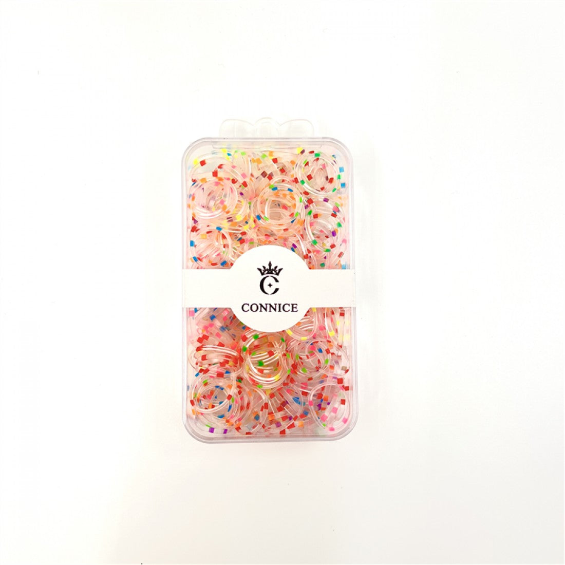 Clear small elastic hair bands; Multicolour confetti embedded in elastics; Packed in a rectangular clear plastic box; White band label with brand name "CONNICE" and crown logo;