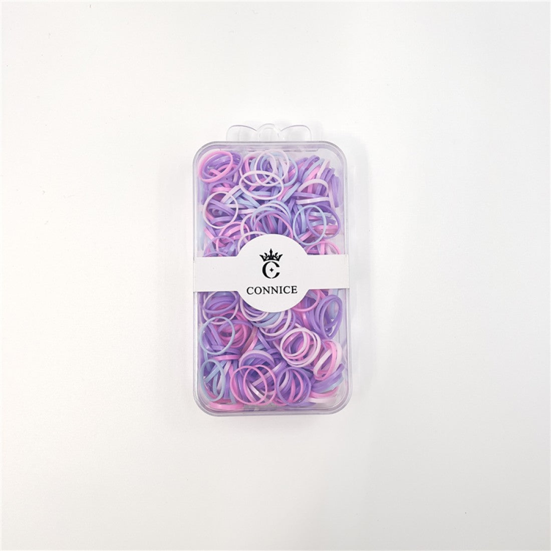 Clear rectangular plastic case with lid; Mix of small pastel purple, pink and blue elastics; White paper band label with brand name “CONNICE”; Circular logo with crown icon on the label;