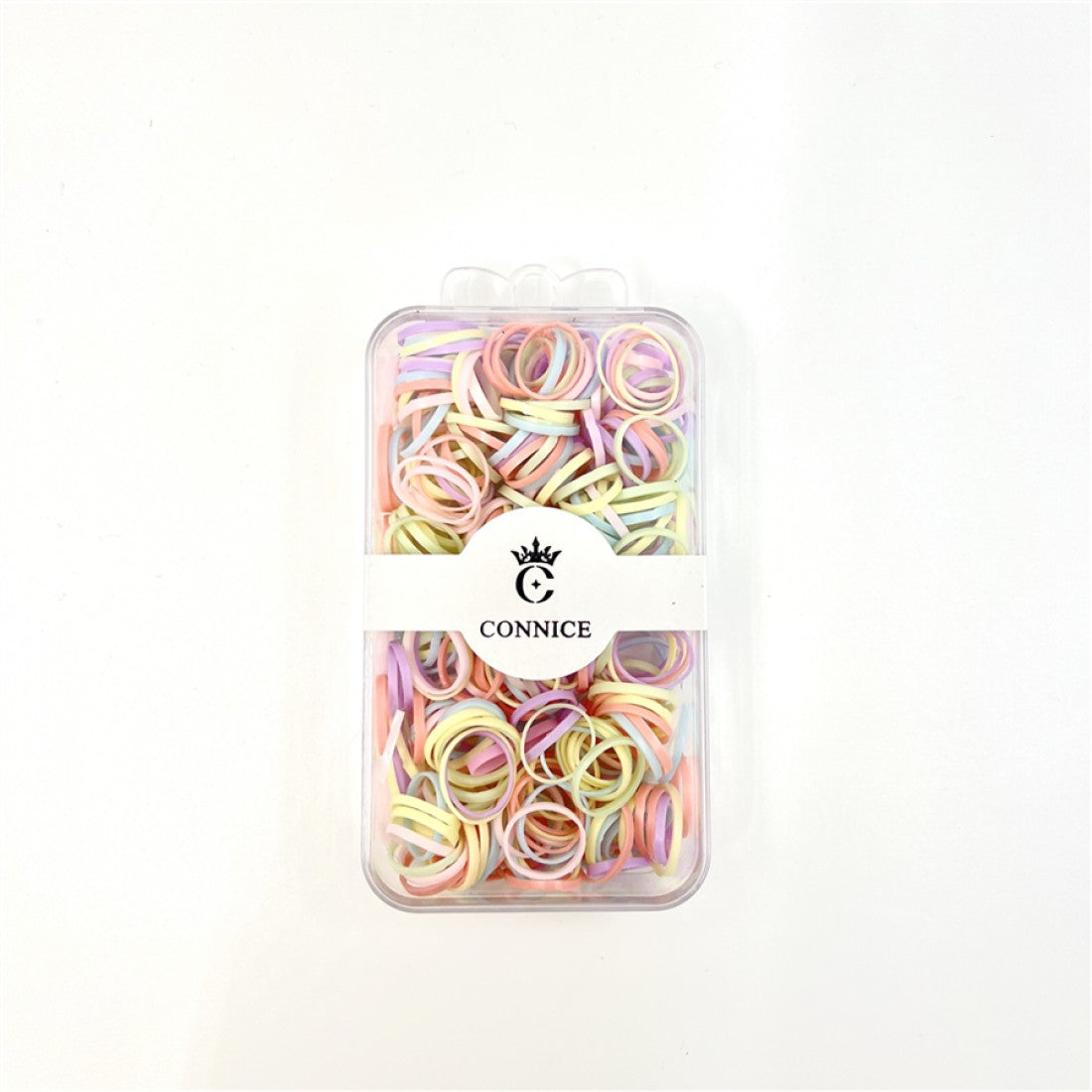 Small pastel-coloured elastic hair bands; Colours include pink, yellow, green, blue and purple tones; Packed in a clear rectangular plastic box; Front label with brand name "CONNICE" and crown logo;