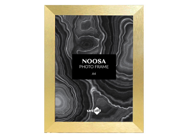 gold coloured frame; rectangular shape; suitable for A4 size; matte finish; MDF material;