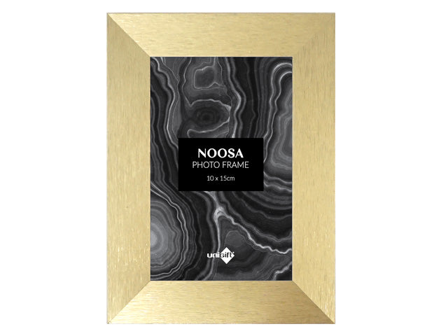 gold coloured frame; MDF material with brushed texture; rectangular shape; standard 10x15cm photo size; simple and clean design;