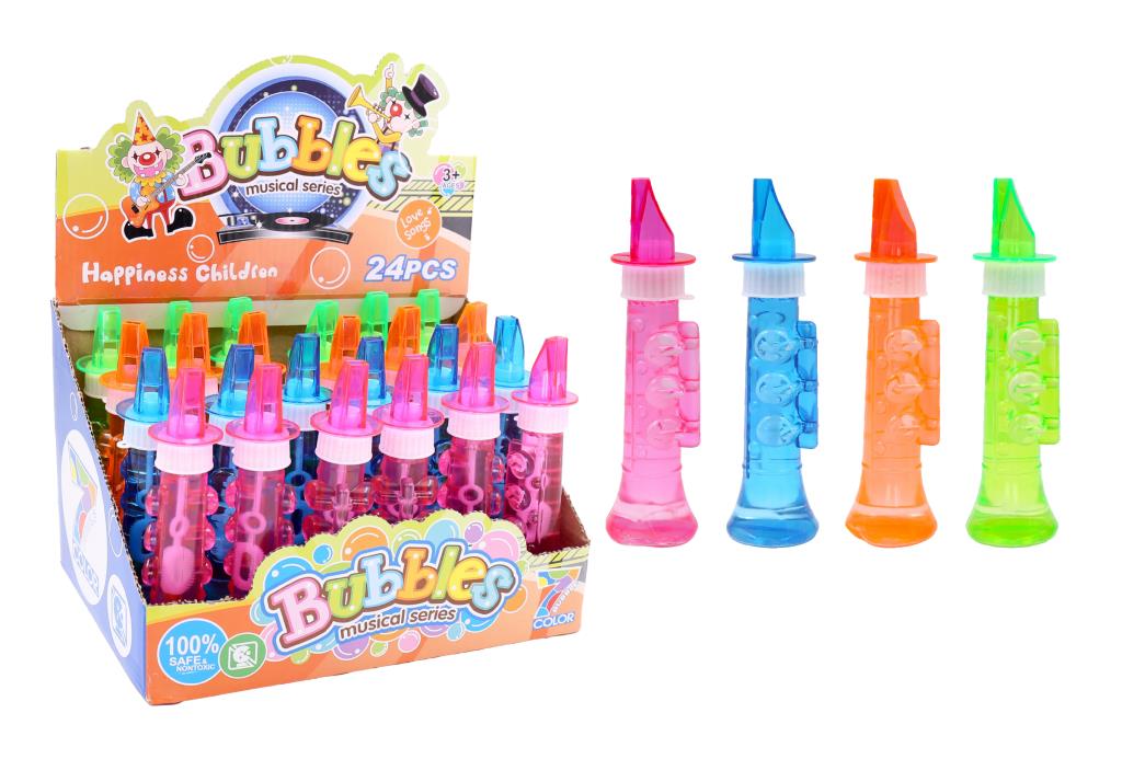 Transparent plastic bubble wands; Multiple bright colours: pink, blue, orange, green; Each wand shaped like a musical instrument; Includes a display box with 24 pieces;