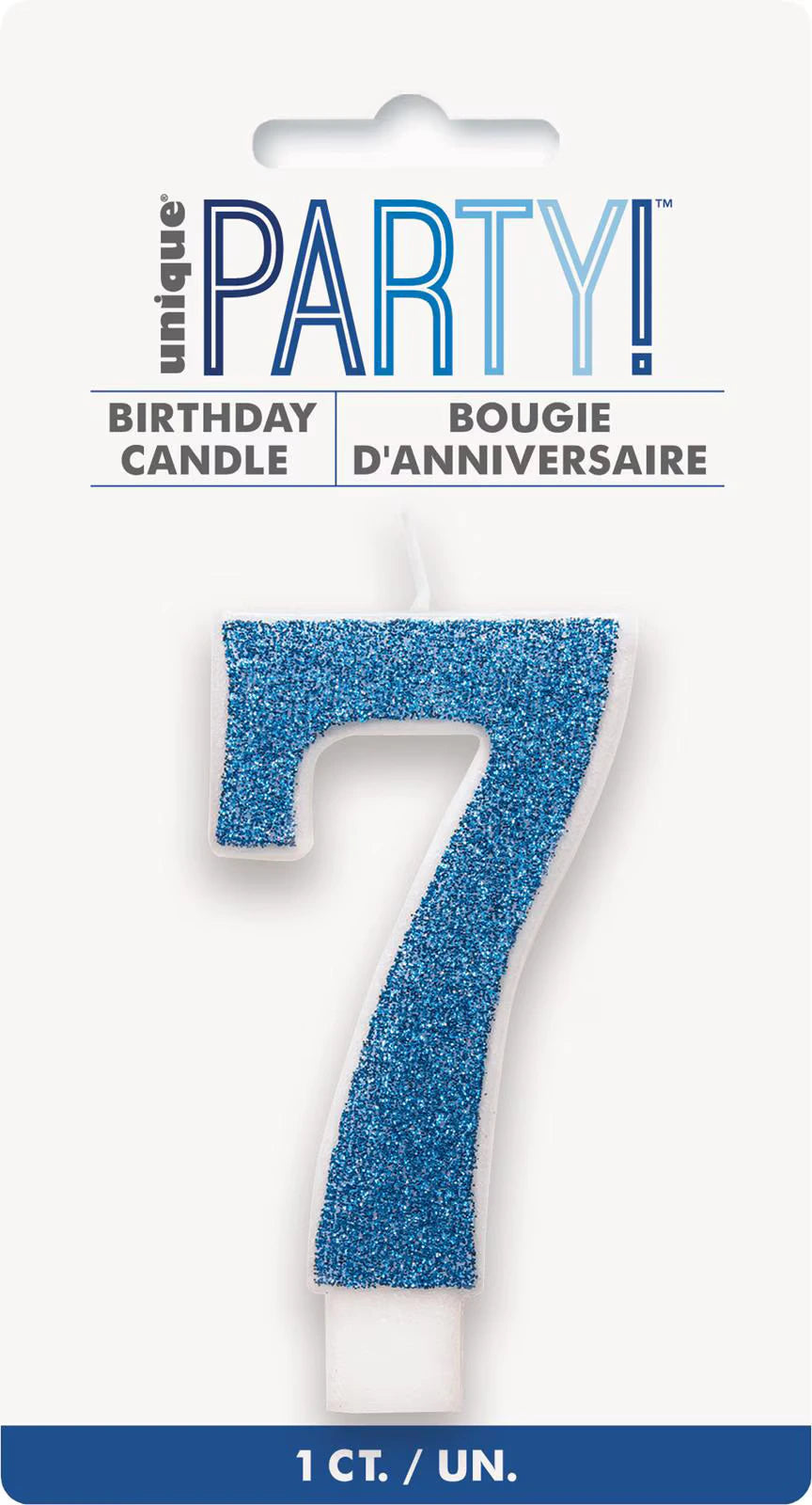 blue colour; glitter finish; number 7 shape; 8cm in height; white candle base;